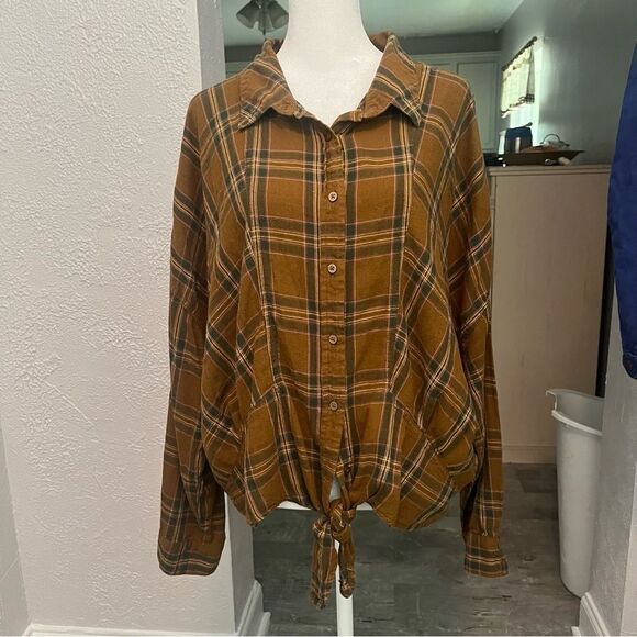 Women’s Long Sleeve Plaid Crop Top Sz XL Aged Bronze​​​ - Picture 10 of 11